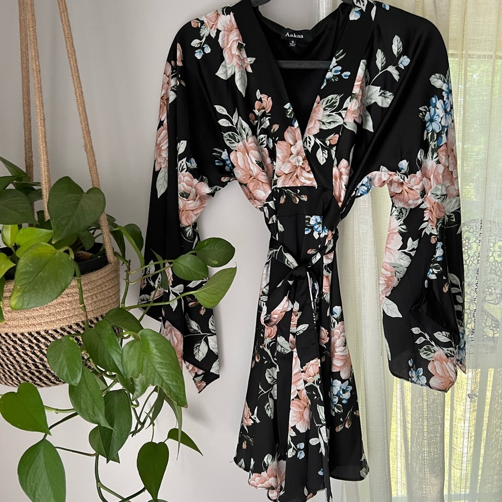 Black Floral Satin Dress